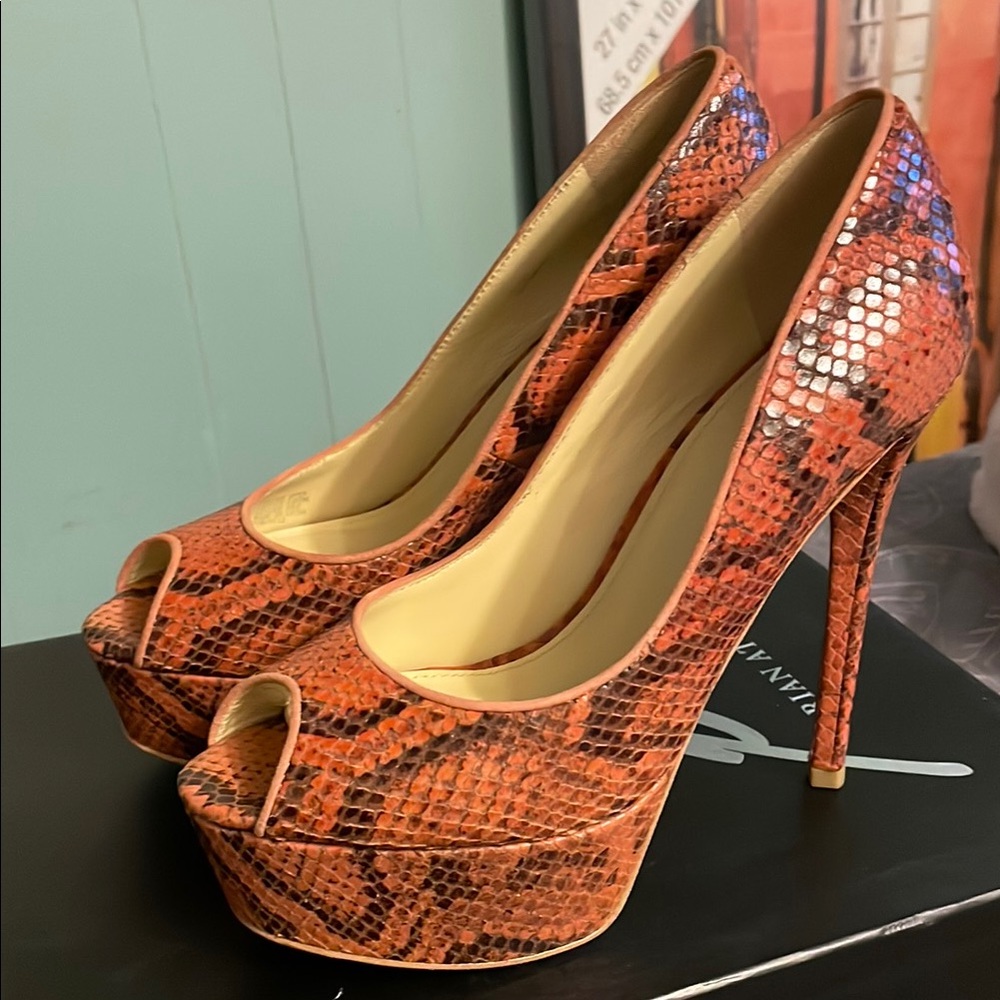 Brian Atwood Orange Heels with Peep-Toe  snakeskin pumps shoes 7 stilettos gray